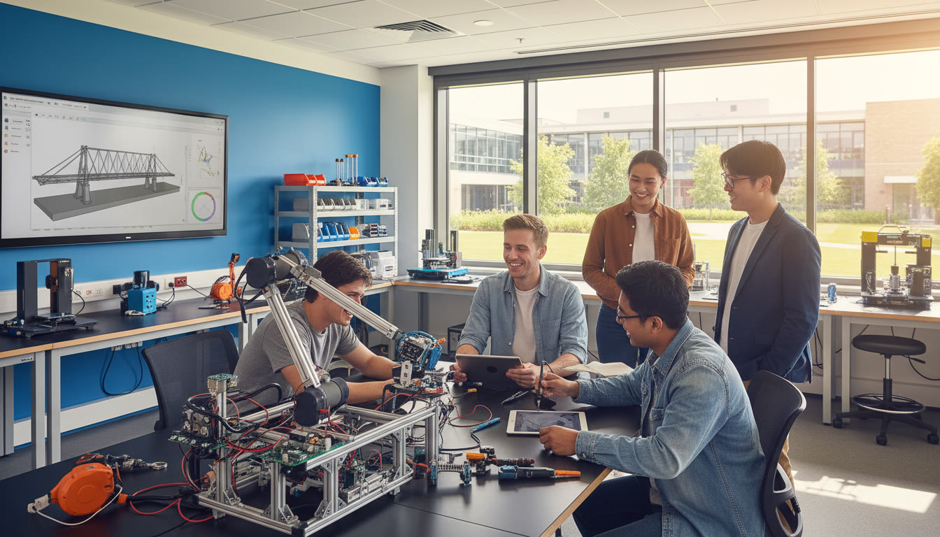 Photo Idea : IB students collaborating on an engineering prototype in a bright, modern campus lab