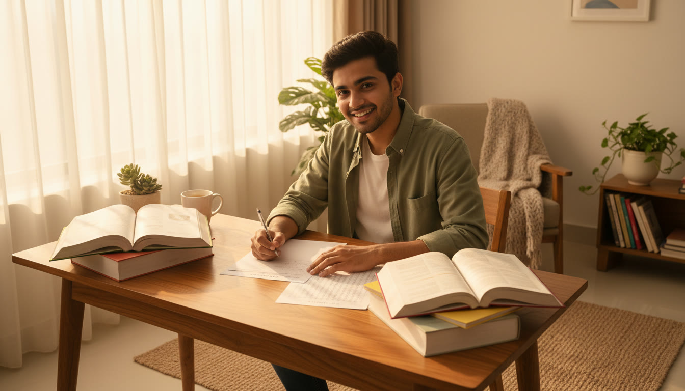 Photo Idea : A focused student practicing full-length mock test at a desk with open textbooks and an OMR sheet nearby