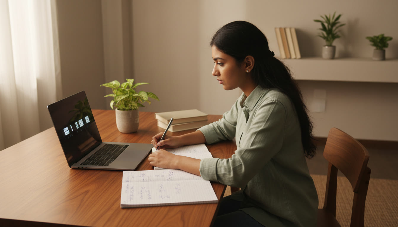 Photo Idea : A focused student at a desk solving a timed mock on a laptop, notebook open, clock visible