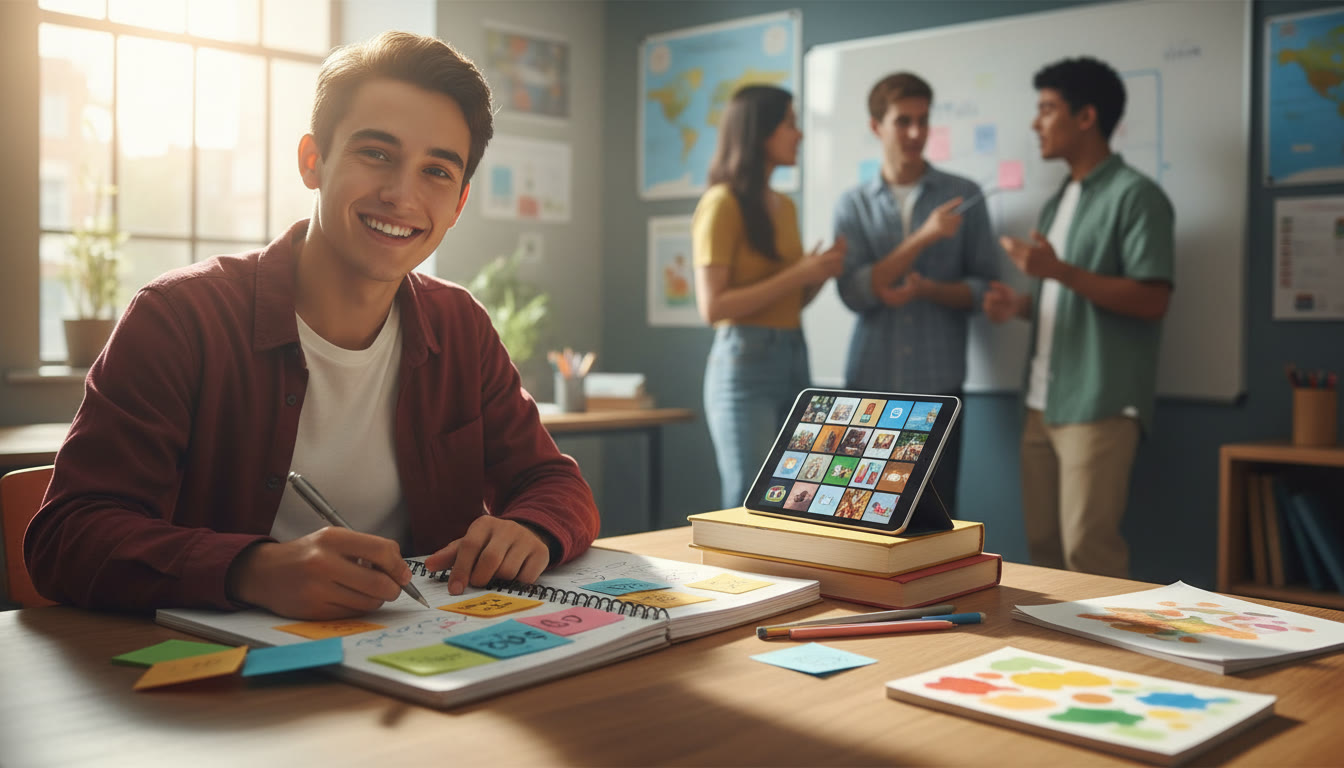 Photo Idea : Student writing in a CAS journal with colorful sticky notes, a phone showing a digital portfolio, and a small group in the background