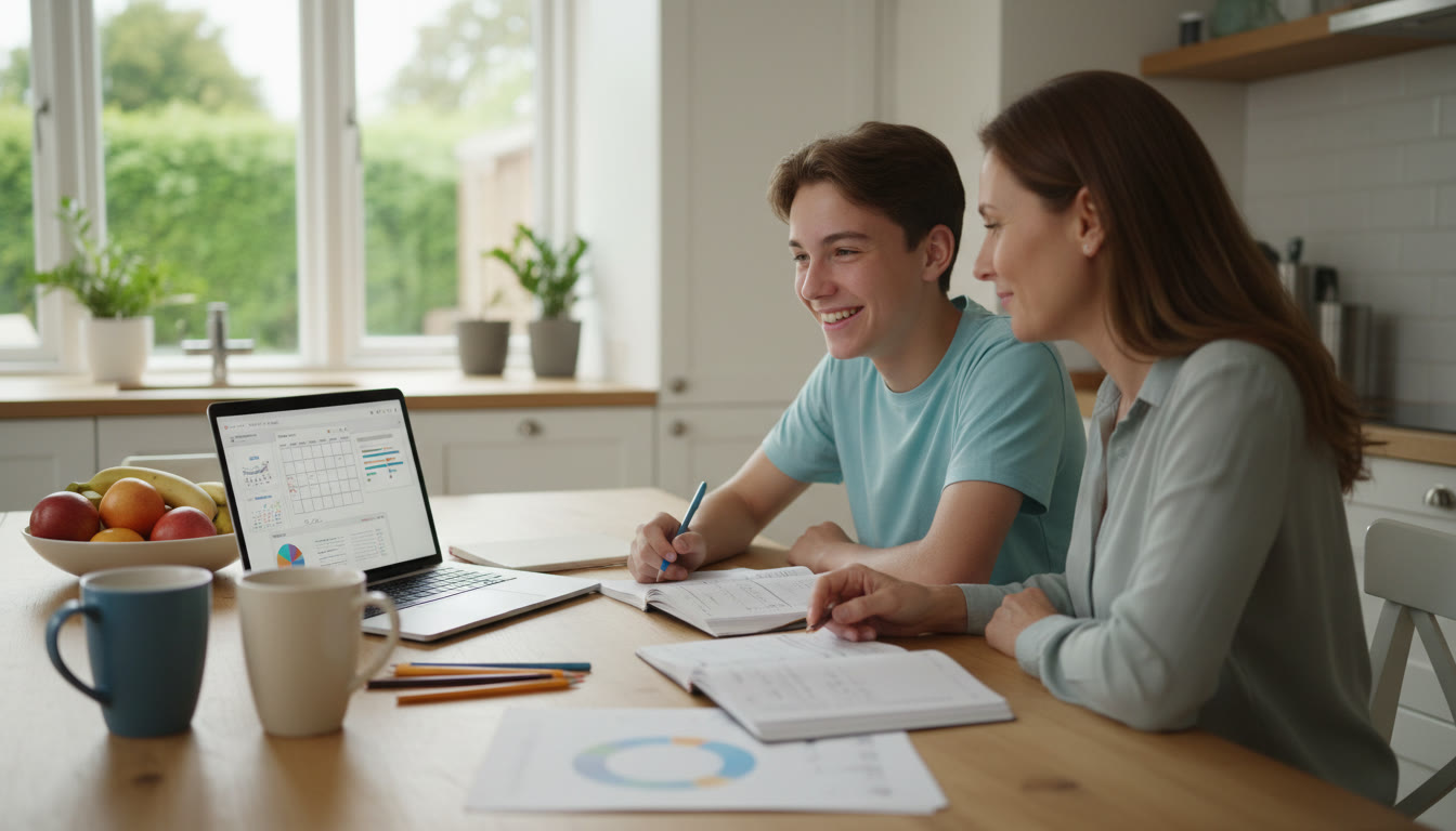 Photo Idea : A calm counselling conversation between an IB student and a parent at a kitchen table with notebooks and a laptop