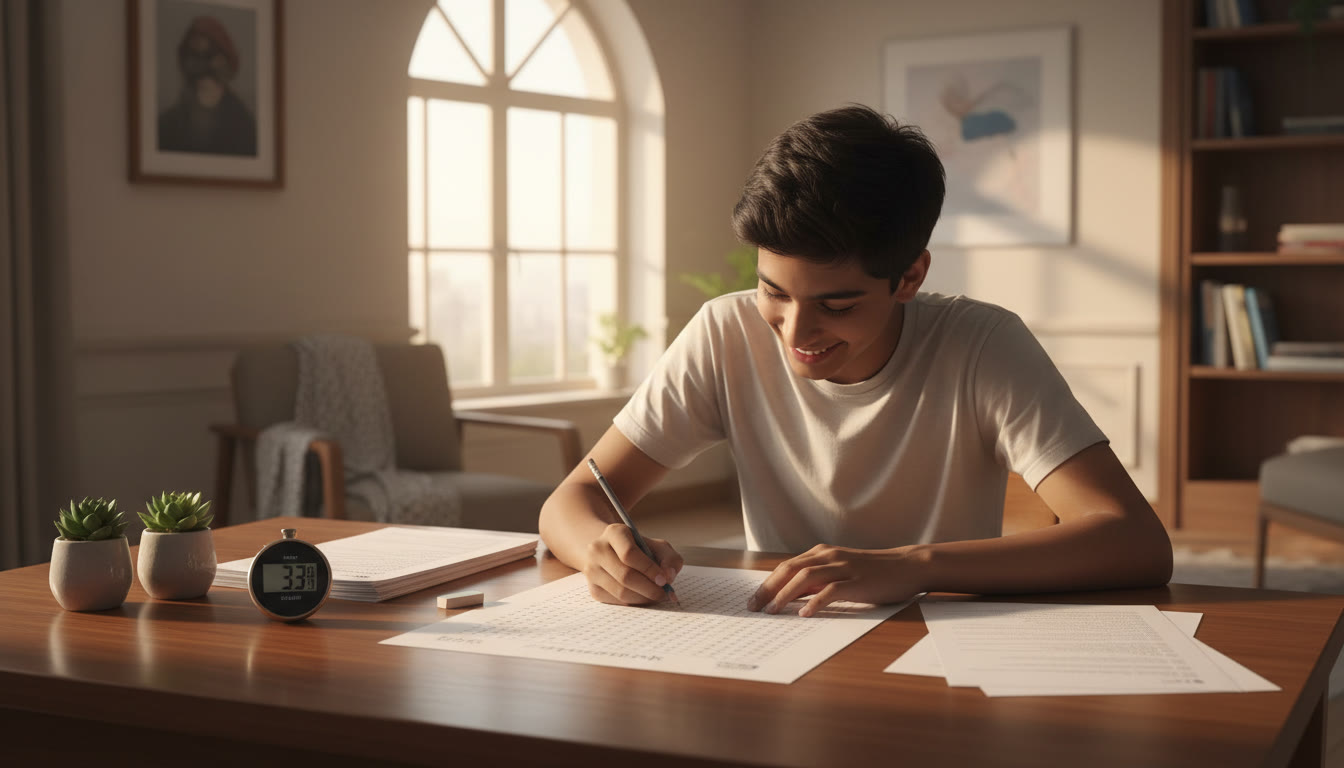 Photo Idea : A student completing a timed mock test with a stopwatch and OMR sheet on the desk