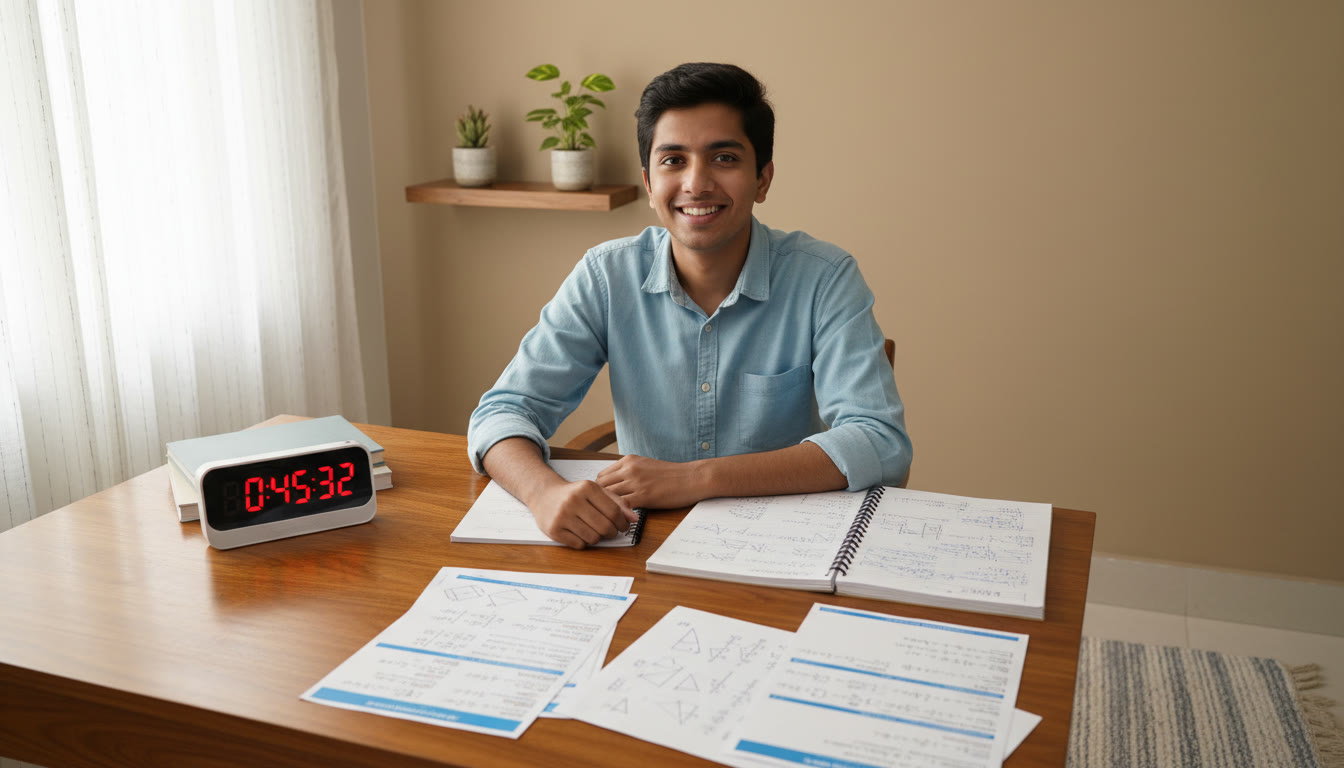 Photo Idea : Student at a desk with a timer, notebook open, and problem sheets spread out