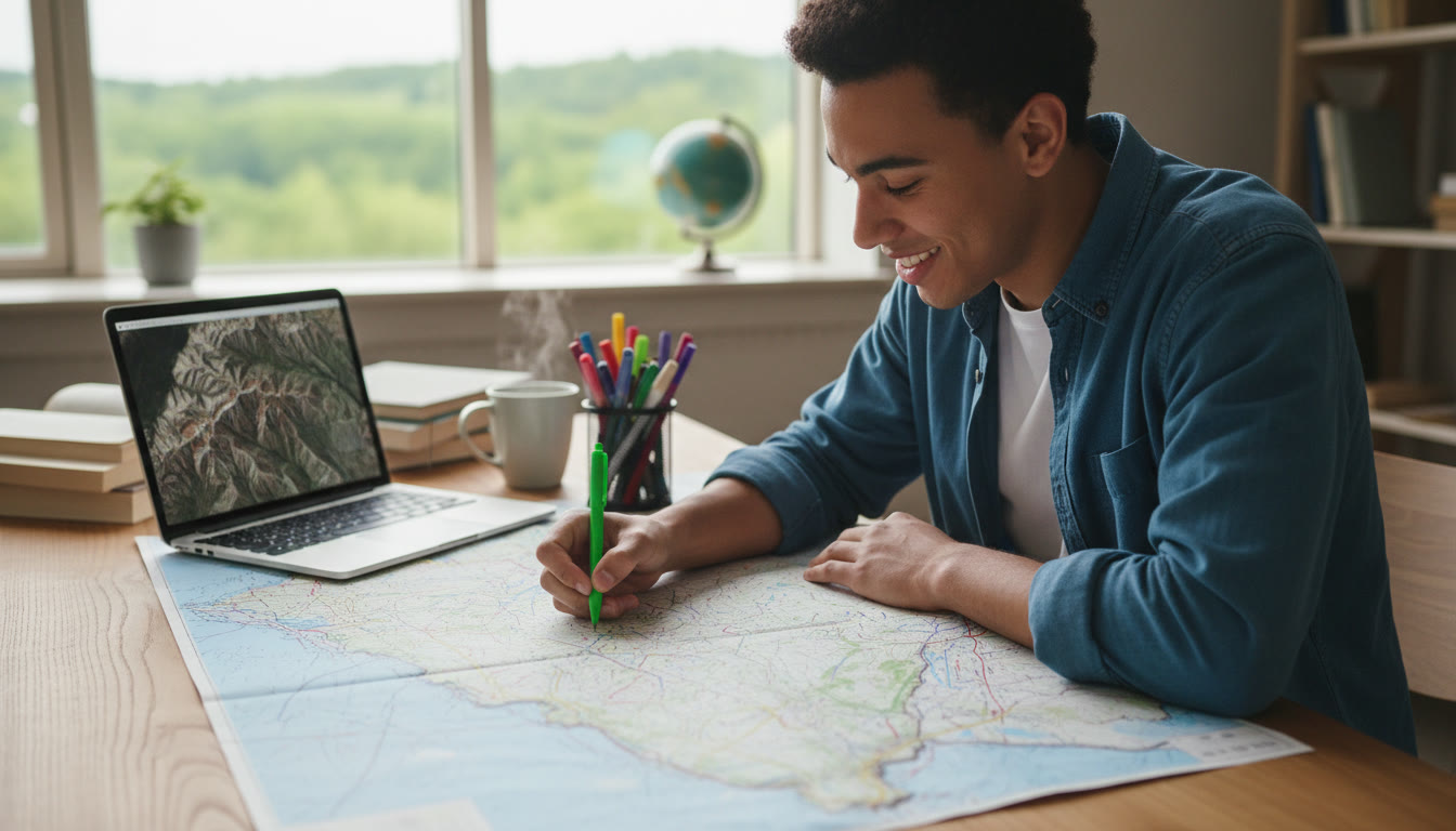 Photo Idea : A focused student annotating a topographic map at a desk with colored pens and a laptop