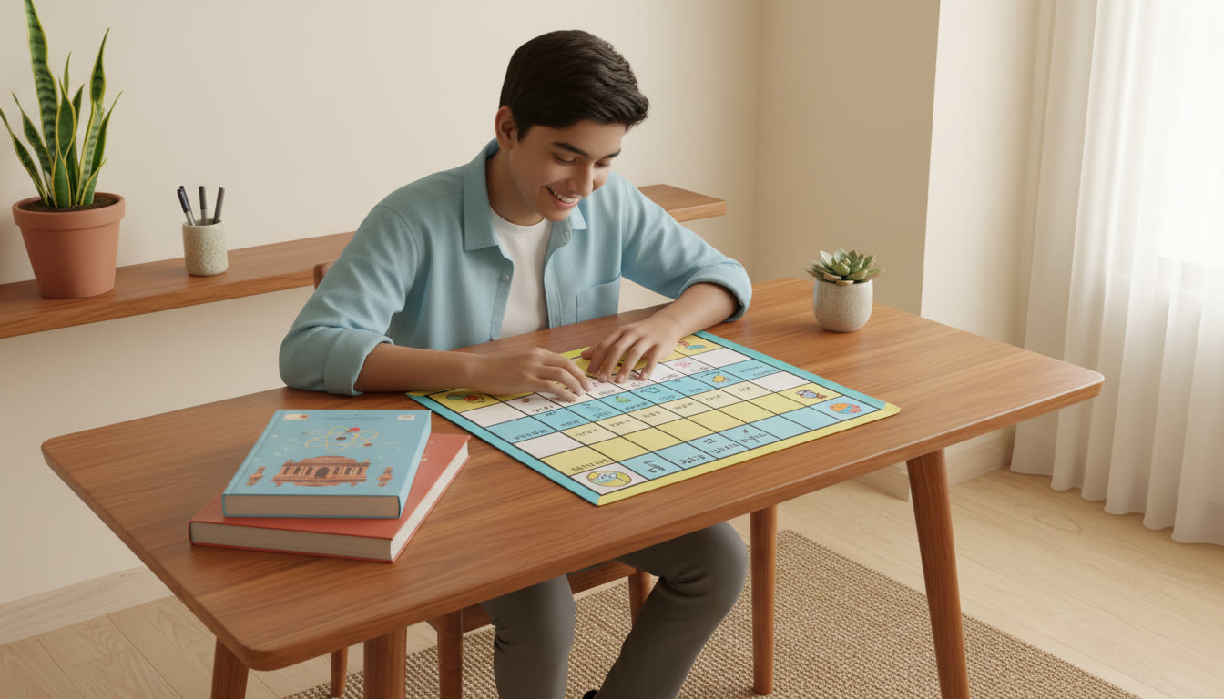 Photo Idea : [A focused student at a desk with a colourful, handwritten personalised timetable and textbooks neatly arranged]
