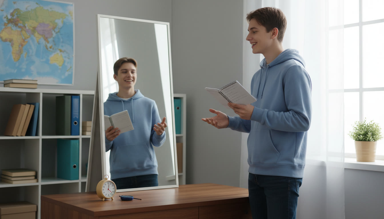 Photo Idea : A calm student practicing concise answers in front of a mirror with a notebook and timer