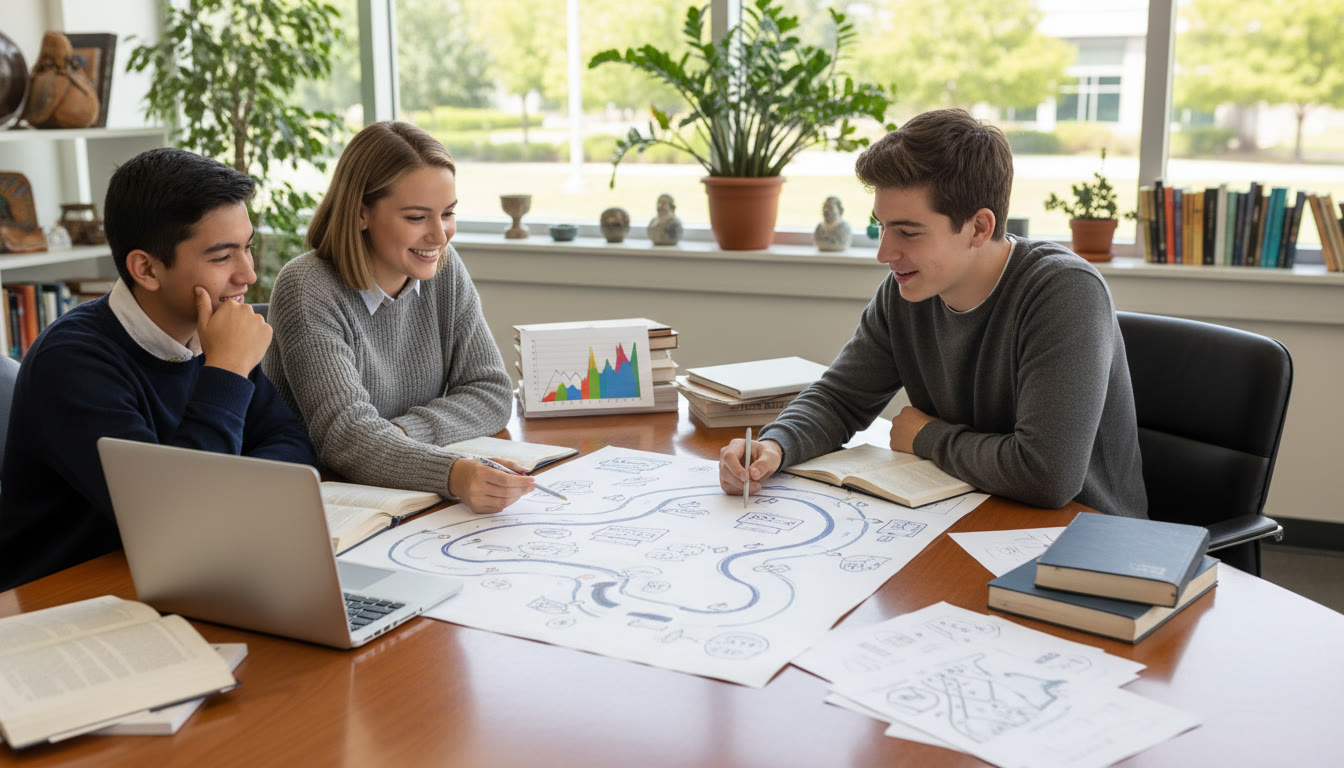 Photo Idea : Two students talking with a school counsellor, papers and a laptop open with a roadmap sketched on paper