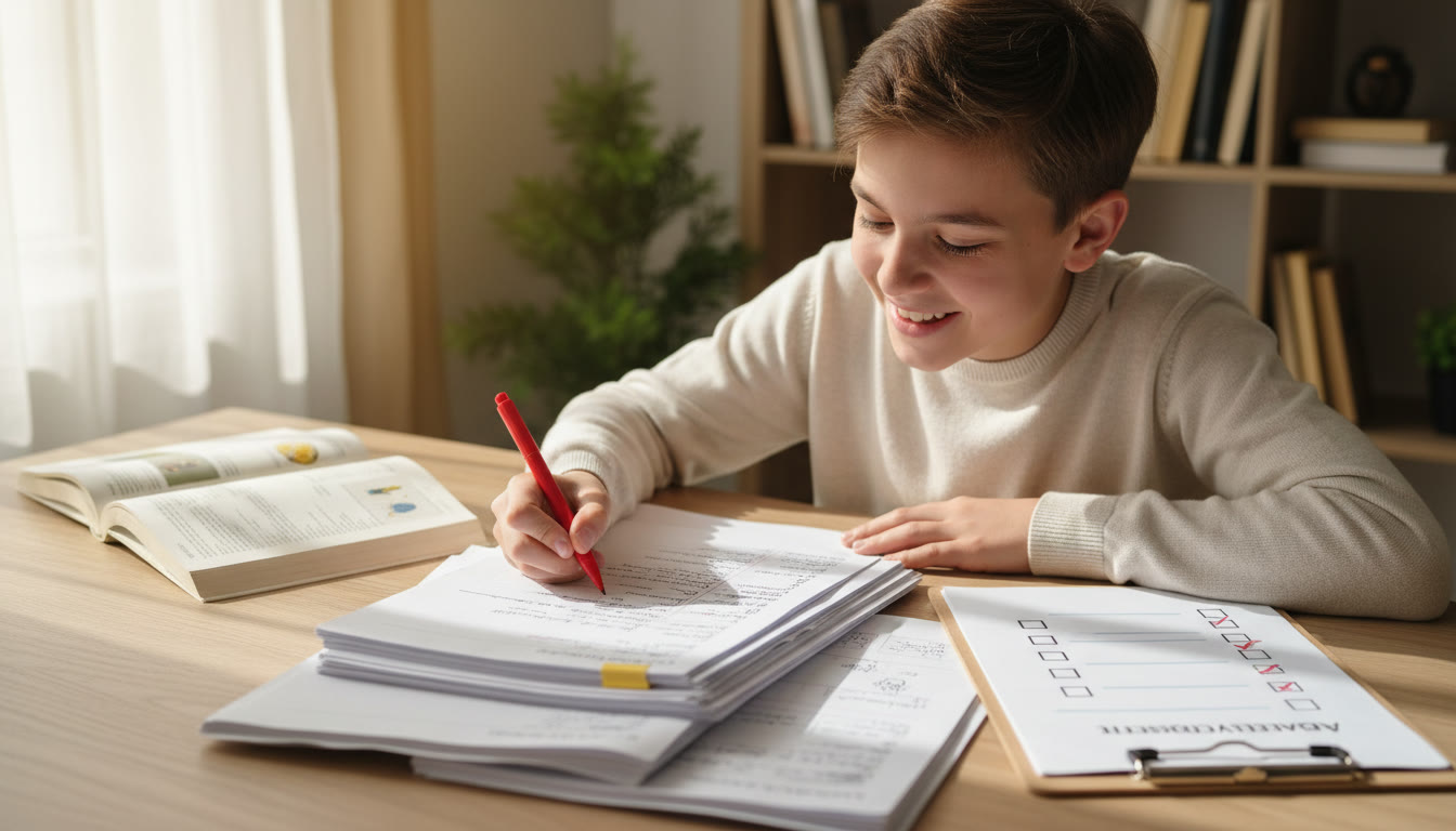 Photo Idea : A student marking a past paper with a red pen and a checklist of AOs beside them