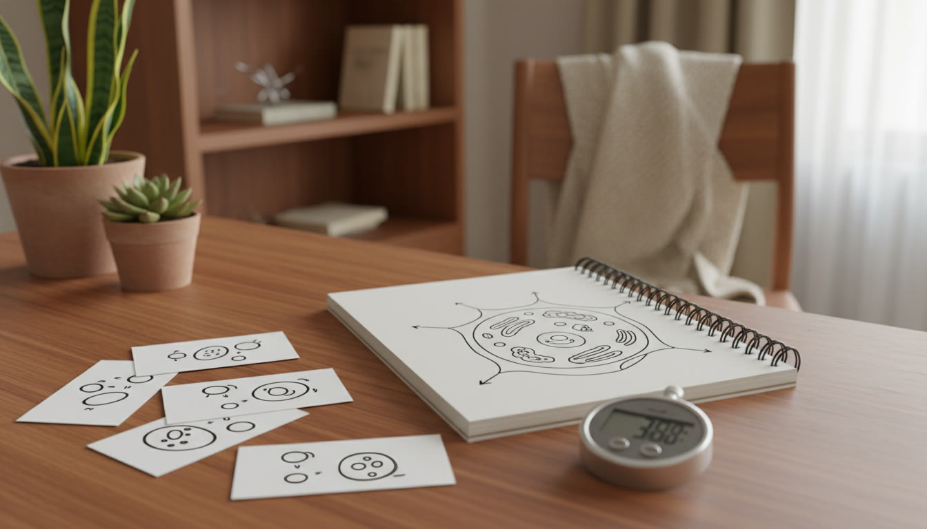 Photo Idea : Close-up of study flashcards, a redrawable biology diagram, and a stopwatch showing timed drills