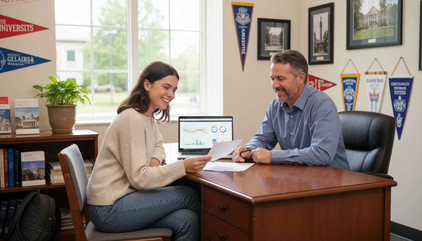 Photo Idea : IB student meeting with a college counselor, reviewing a letter and laptop