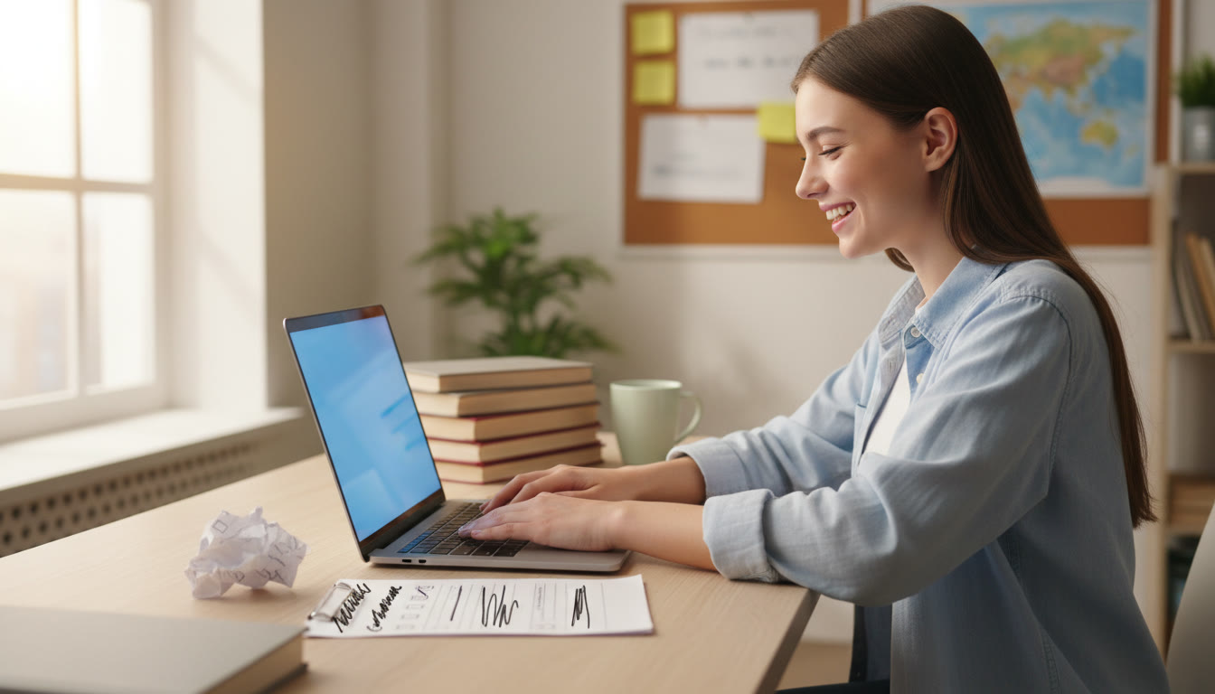 Photo Idea : a student closing a laptop after finalizing their TOK essay with a printed checklist beside them