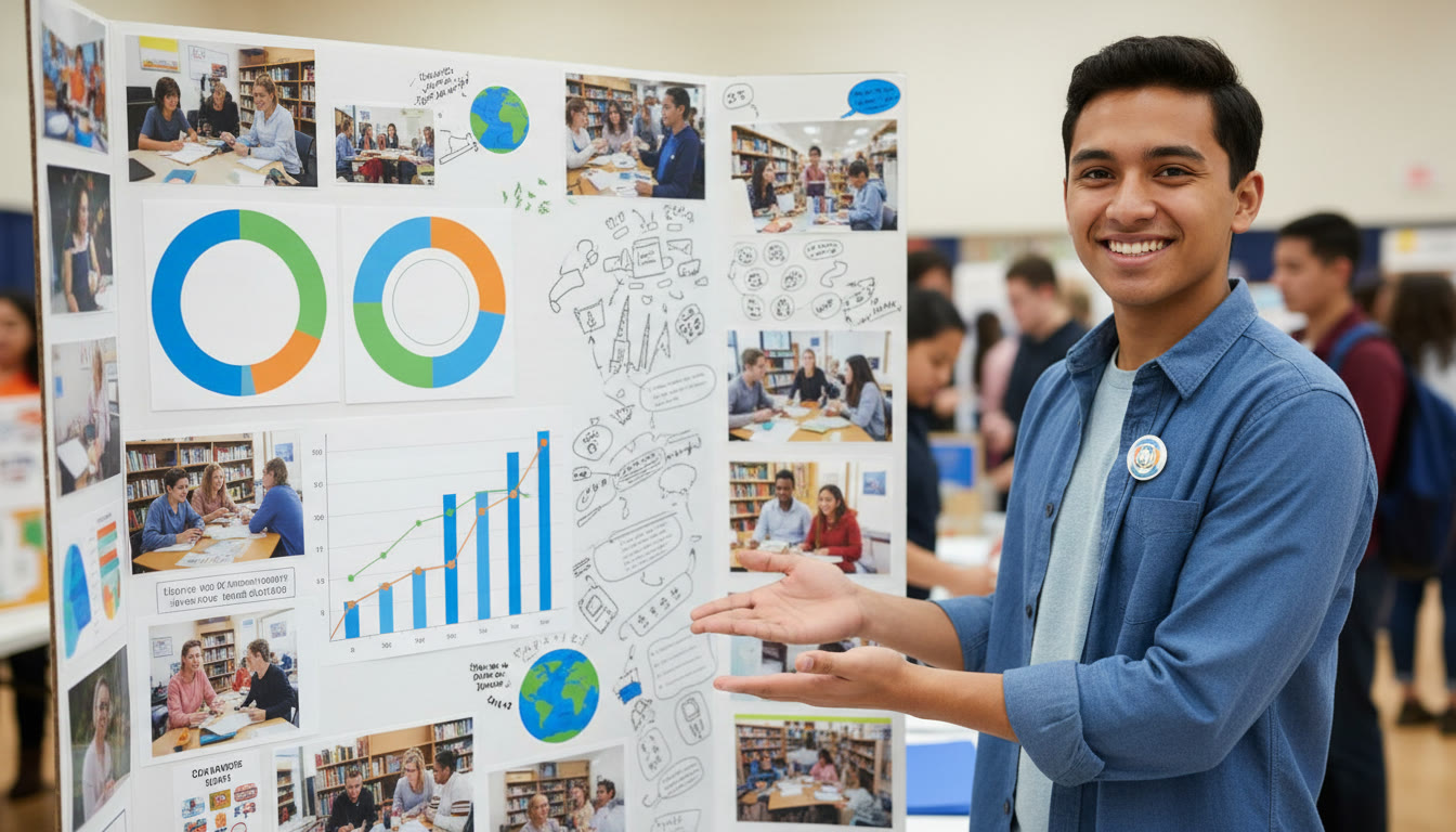 Photo Idea : Close-up of a student presenting a project board with charts, photos, and annotated notes