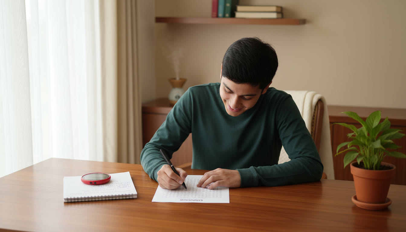 Photo Idea : Student marking answers on an OMR sheet with a stopwatch and correction log nearby