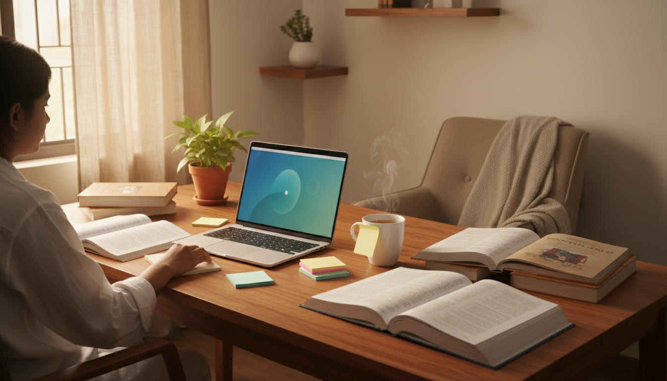 Photo Idea : student at desk with textbooks, laptop, sticky notes, and a cup of tea
