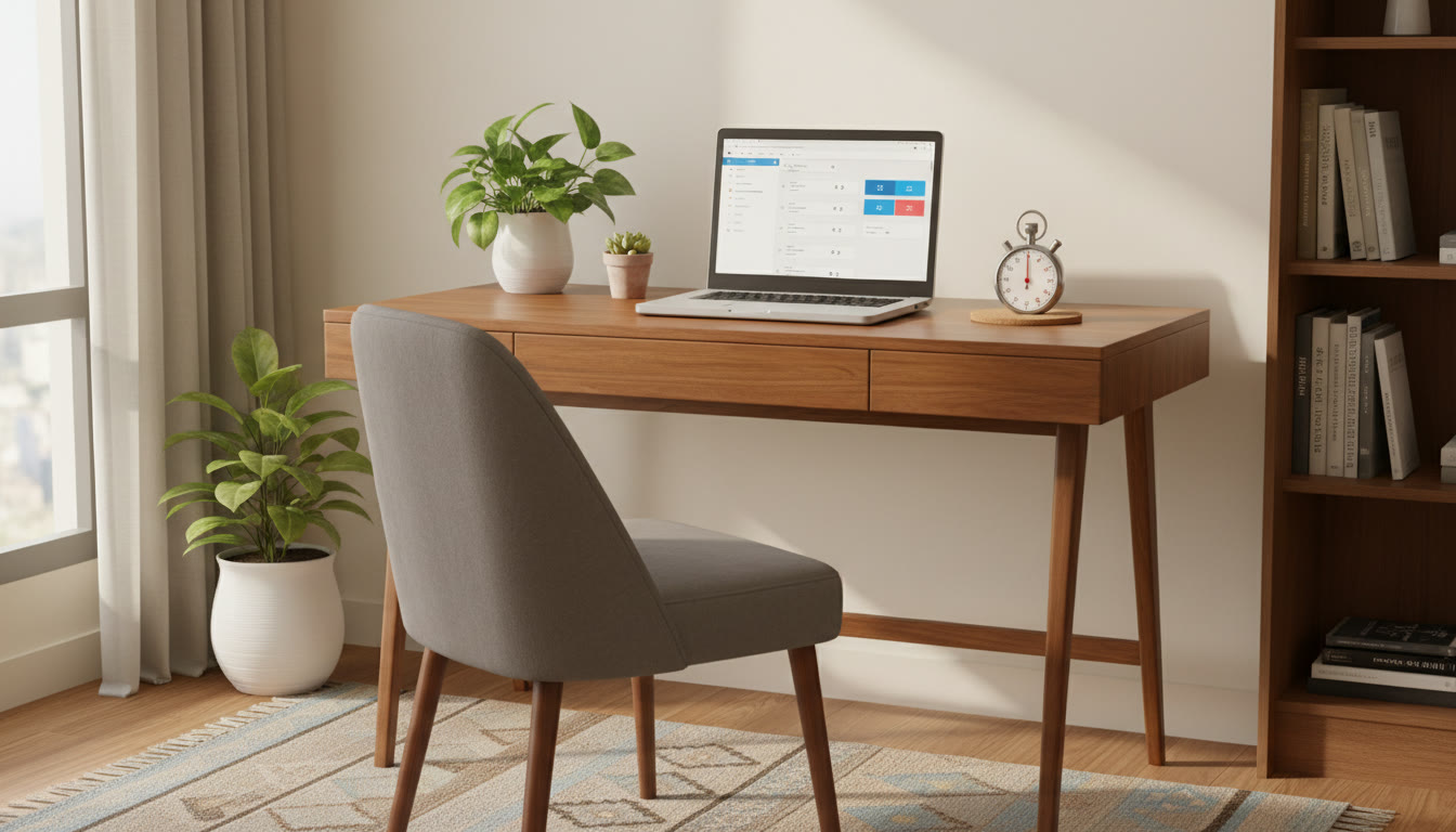 Photo Idea : A quiet home study setup with a laptop open to a mock test screen and a physical stopwatch nearby