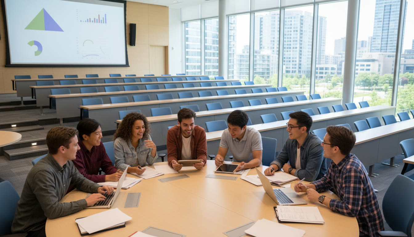 Photo Idea : a group of diverse students discussing a case study inside a modern lecture hall