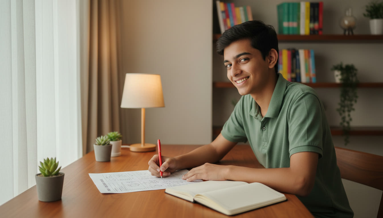 Photo Idea : A student analyzing test paper with a red pen and a notebook titled "Error Log"