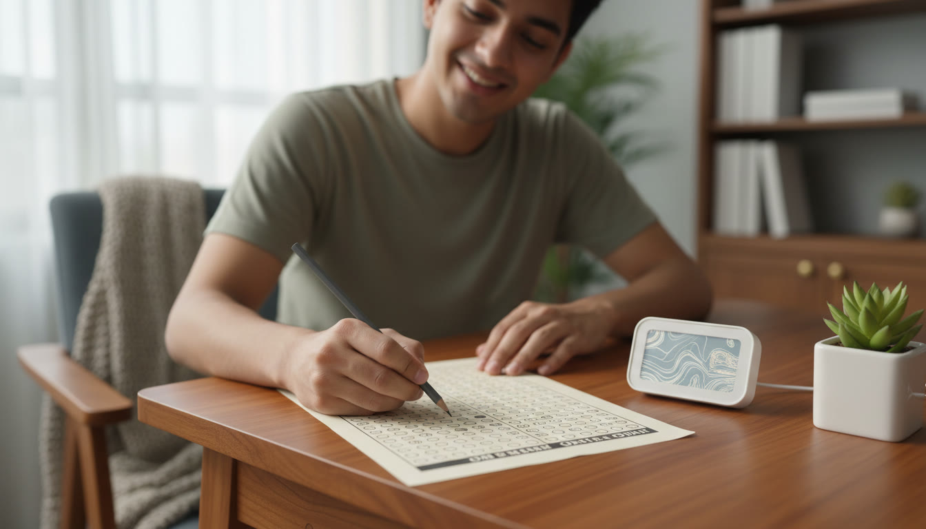 Photo Idea : Close-up of hands filling out a mock OMR sheet with a pencil and a timer nearby