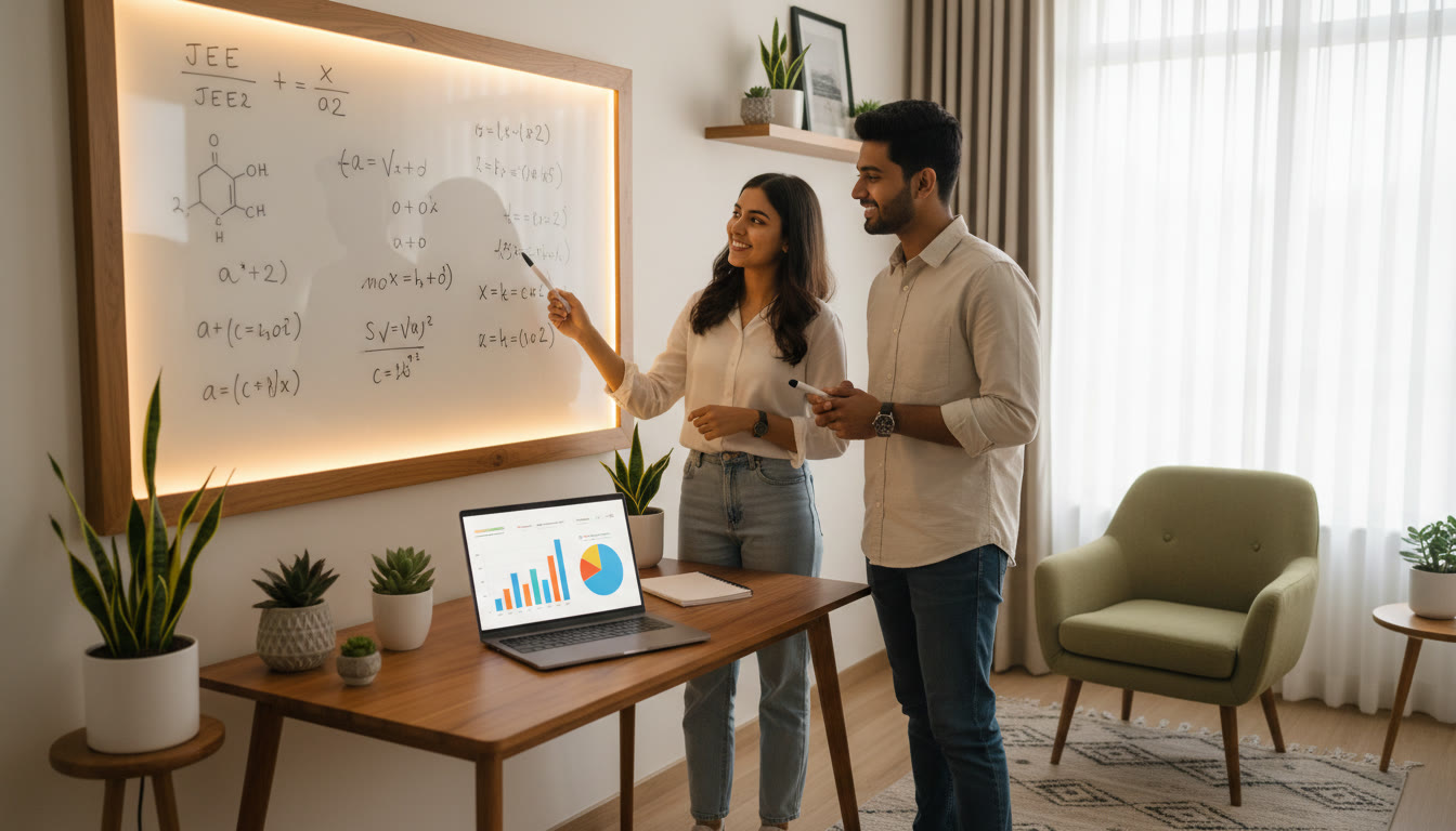 Photo Idea : A tutor and student working over a whiteboard with equations and a laptop showing performance charts