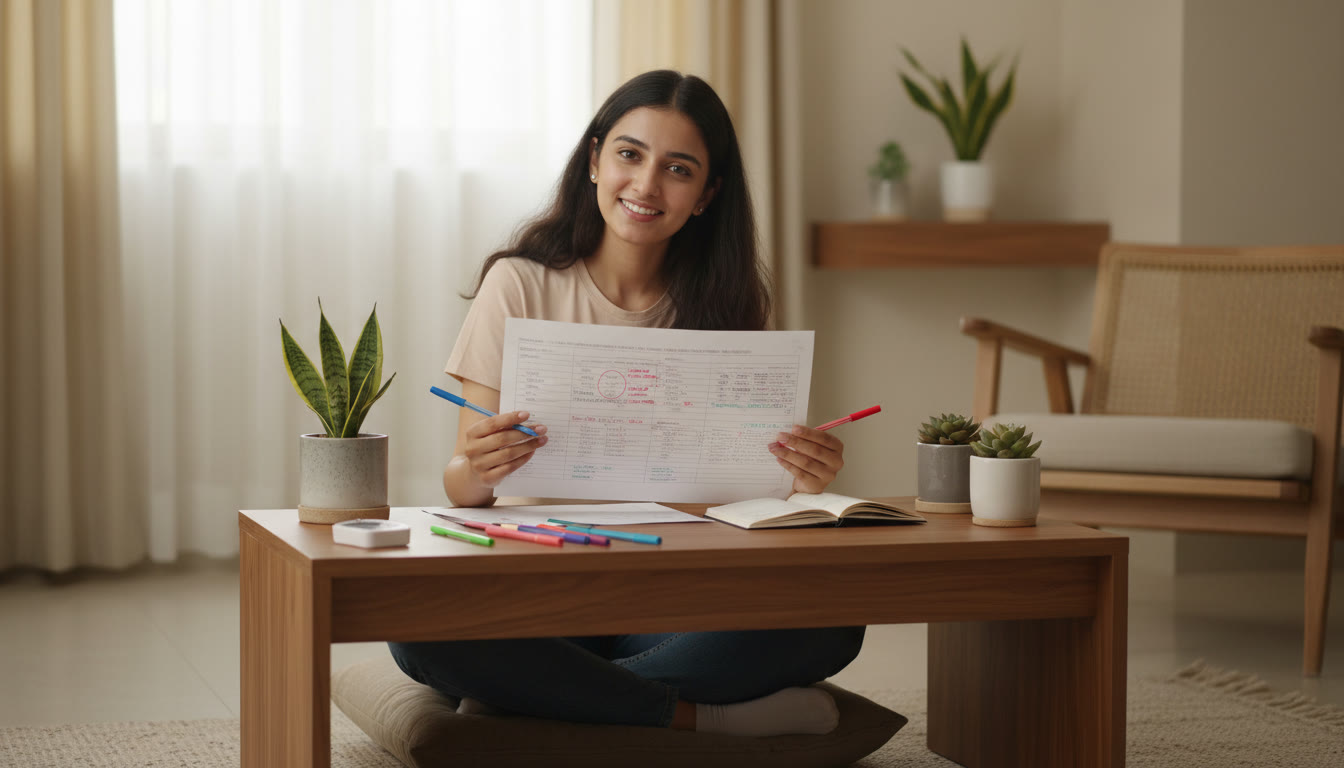 Photo Idea : A student reviewing a mock test printout with colored pens, marking error types and timings