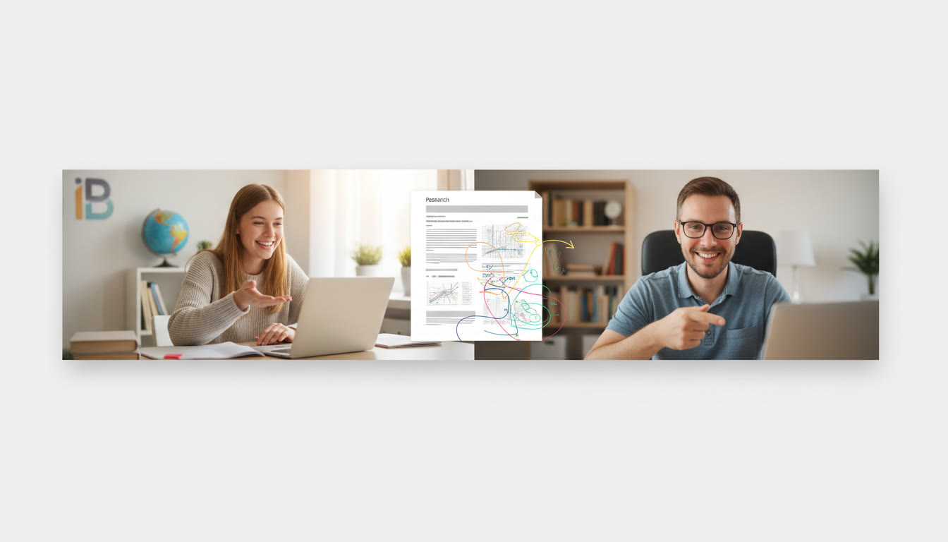 Photo Idea : a student and tutor on a video call with a split screen showing an annotated research paper