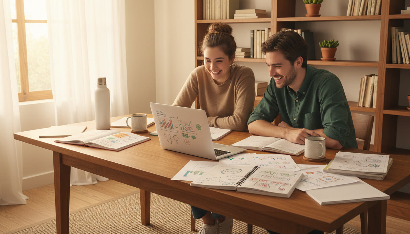 Photo Idea : A student and a tutor reviewing a mock test on a laptop with notes around