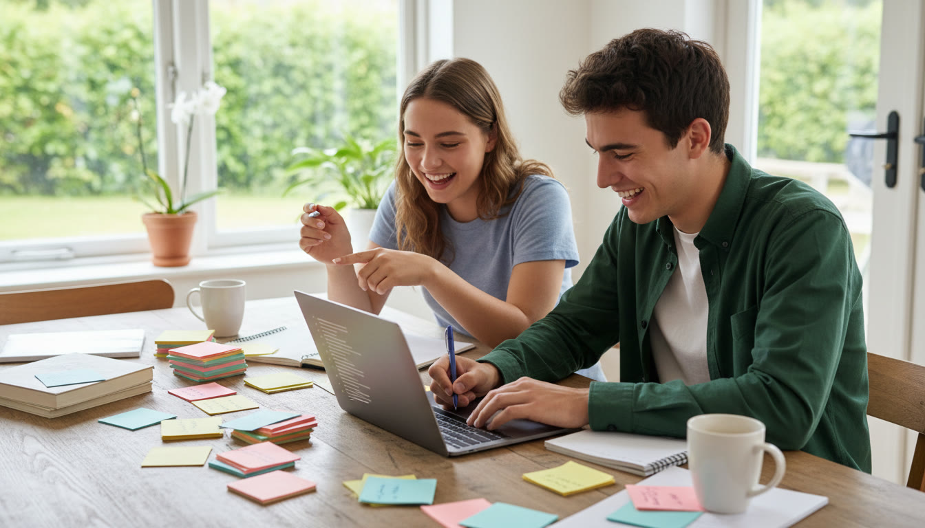 Photo Idea : Two students reviewing annotated source cards and drafting an essay outline together