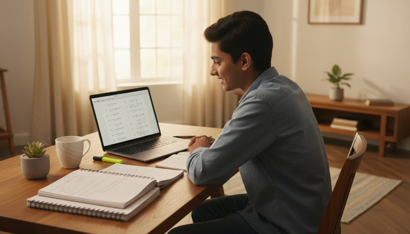 Photo Idea : A focused student at a desk with open notebooks, a laptop showing practice questions, and a cup of coffee