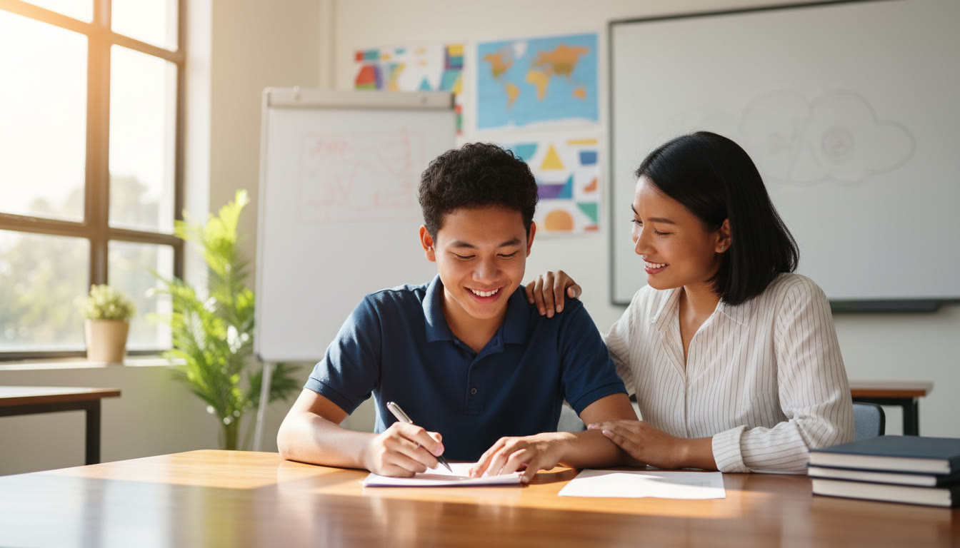 Photo Idea : Student and teacher sitting across a table, reviewing a draft letter together