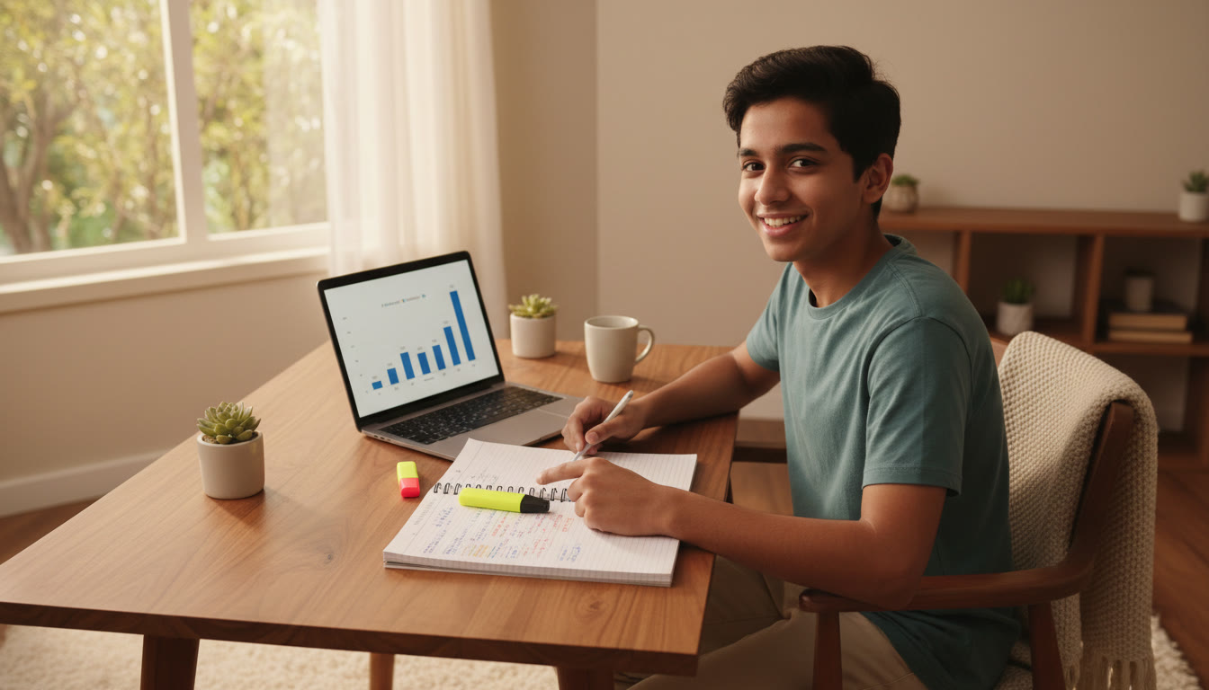 Photo Idea : A student reviewing a color-coded error notebook beside a laptop showing a recent mock test score chart