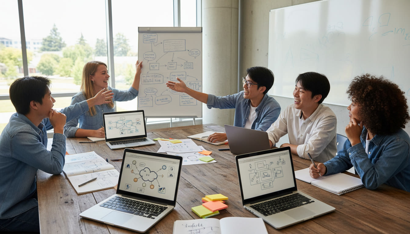 Photo Idea : A group of DP1 students discussing project ideas around a table with laptops and sketches
