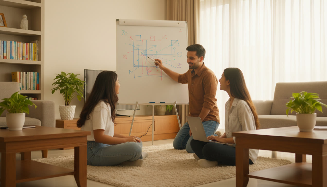 Photo Idea : Small group tutoring session with a tutor explaining a diagram on a whiteboard