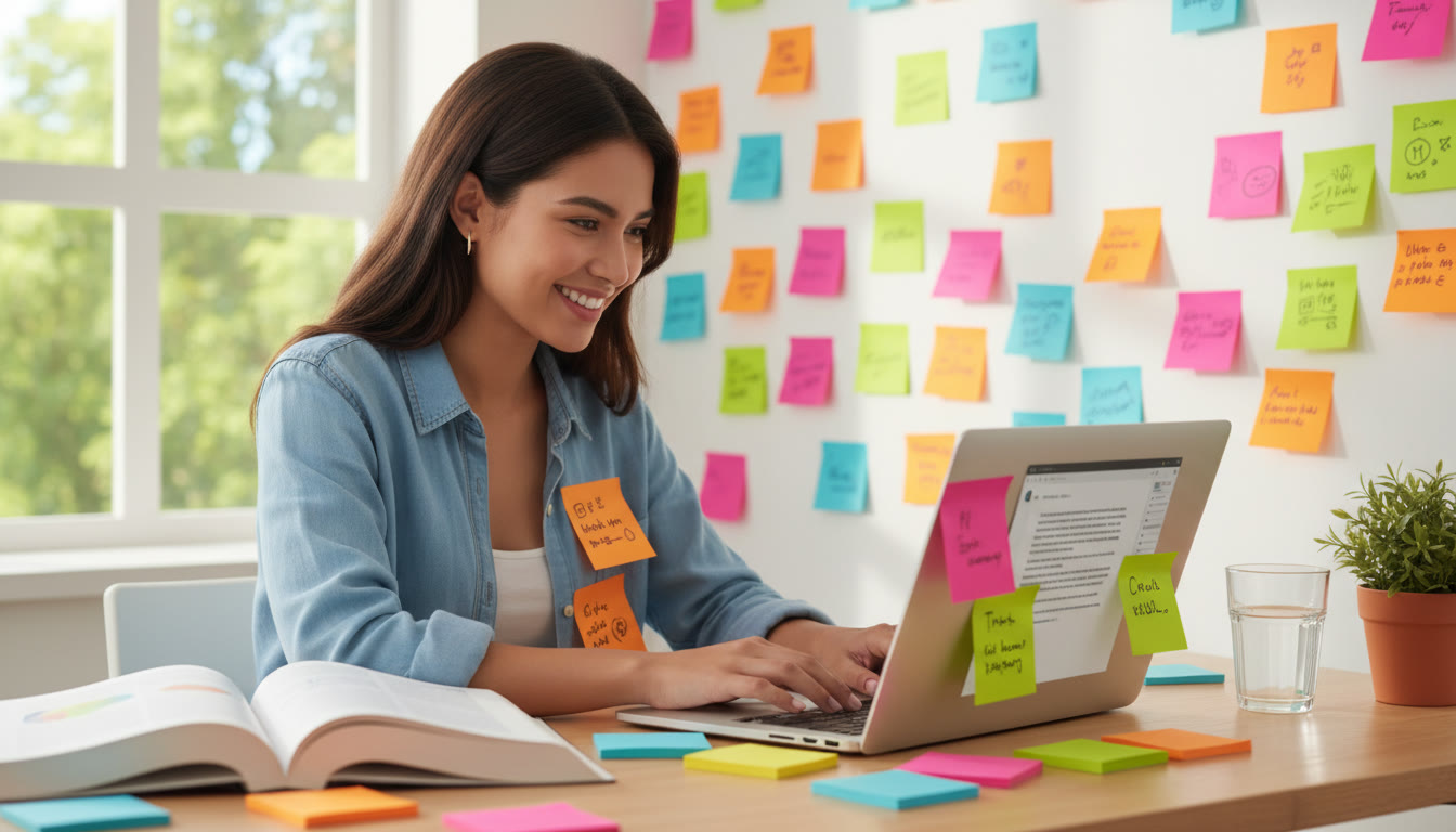 Photo Idea : Student at a desk surrounded by colorful sticky notes and a laptop showing an essay draft