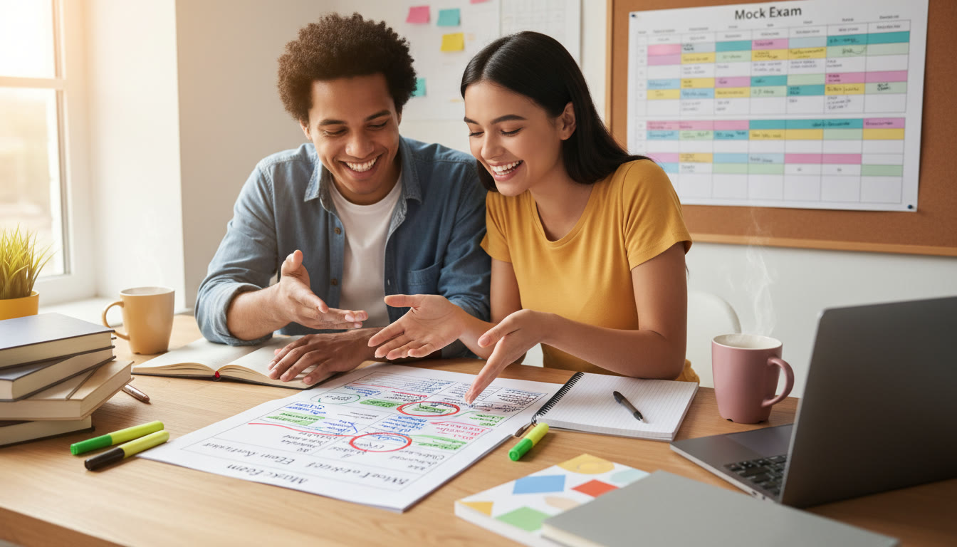 Photo Idea : Two students reviewing a marked mock exam, with color-coded annotations and a study timetable beside them
