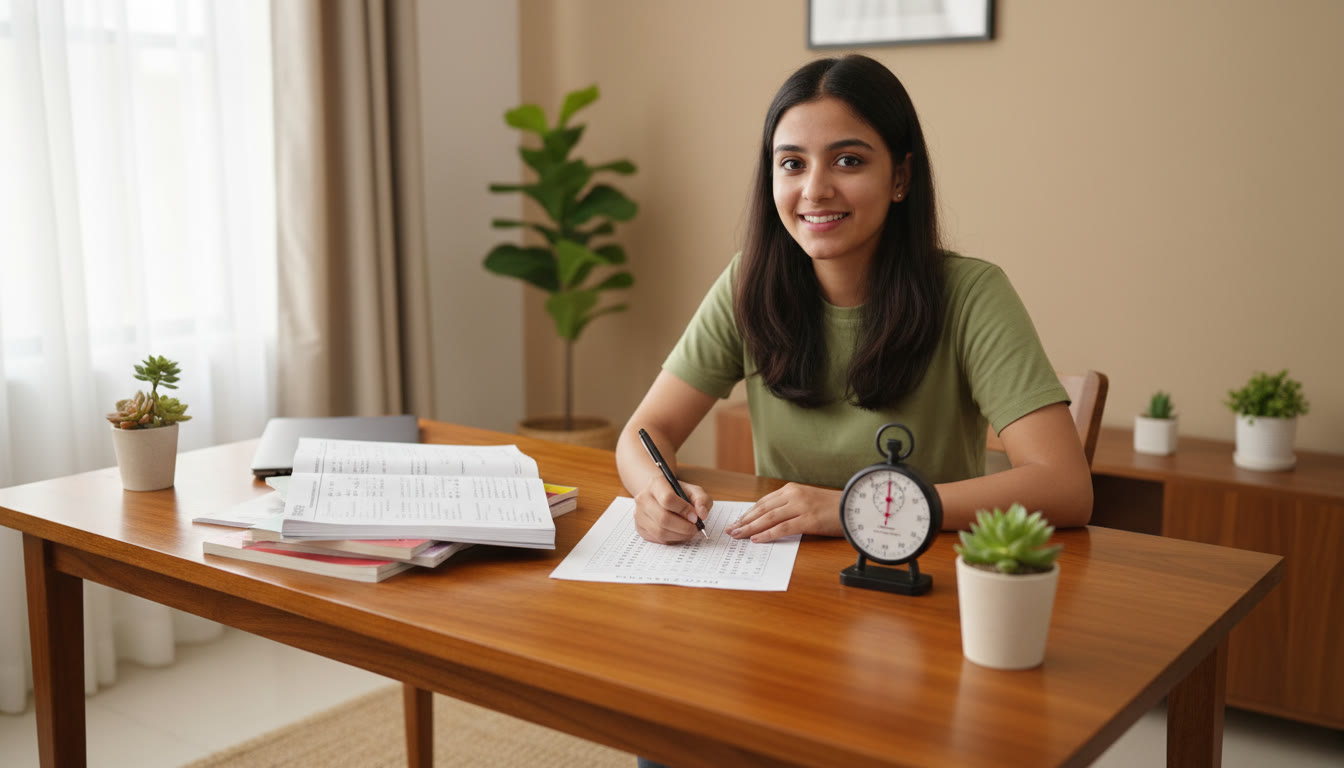 Photo Idea : student at a desk taking a timed mock test with an OMR sheet and a stopwatch