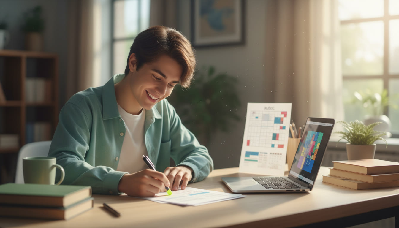 Photo Idea : Student at a desk highlighting a draft with the IB rubric printed beside a laptop