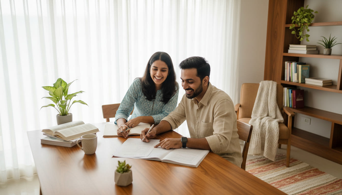 Photo Idea : Student and tutor in a tidy study corner reviewing a marked mock test together