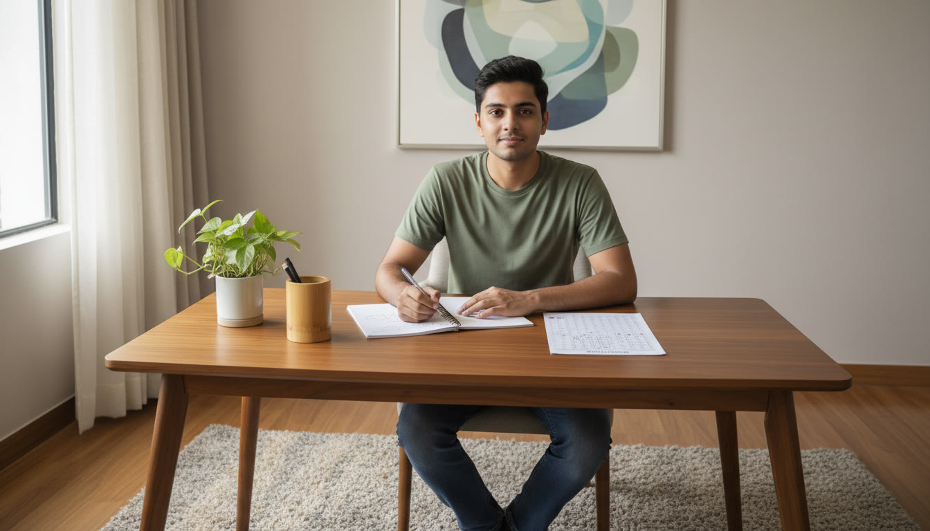 Photo Idea : Student calmly solving a complex multi-step JEE problem at a desk with an OMR sheet visible nearby.