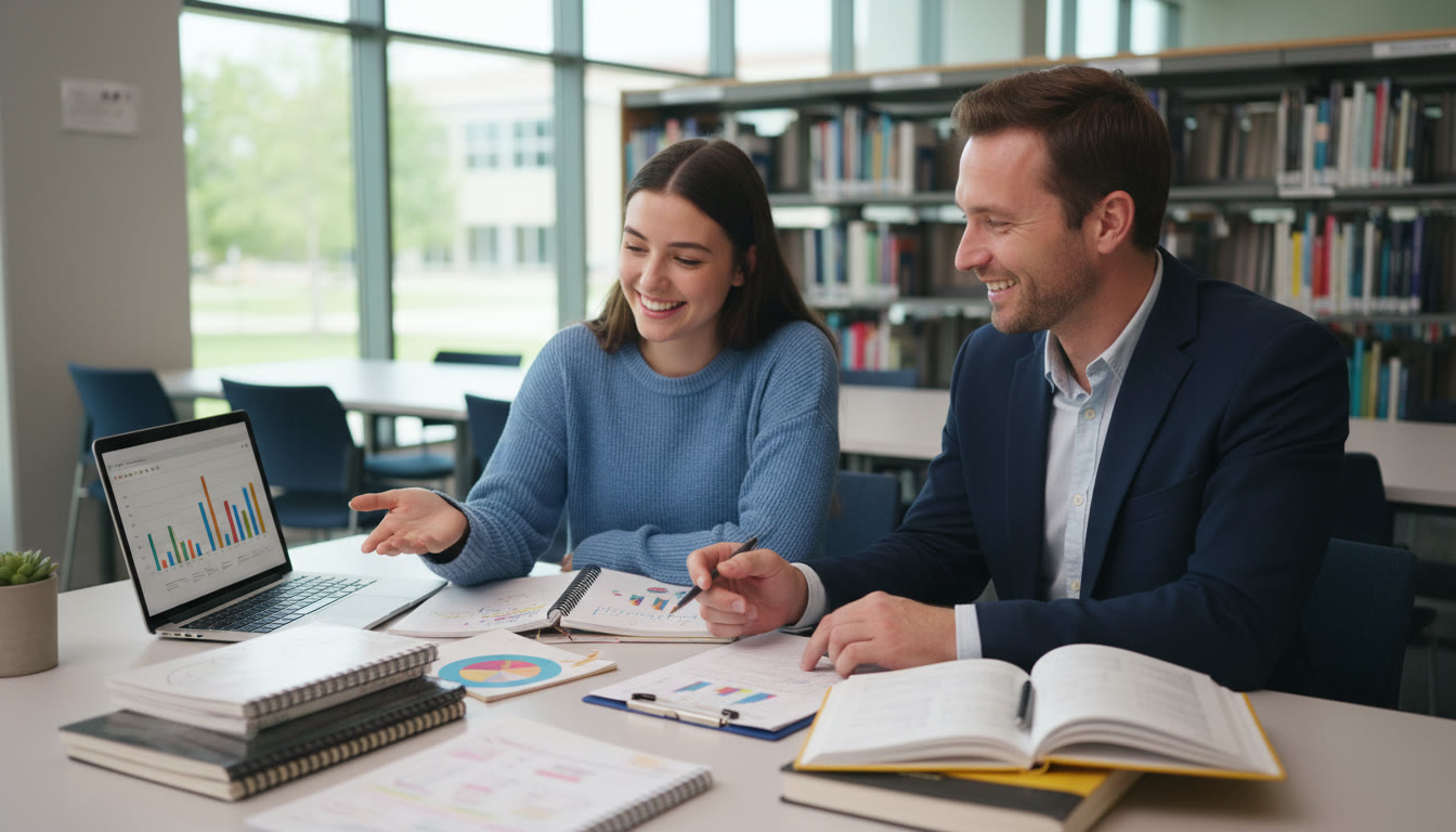 Photo Idea : A supervisor and student at a study table with notebooks, laptop, and a checklist.