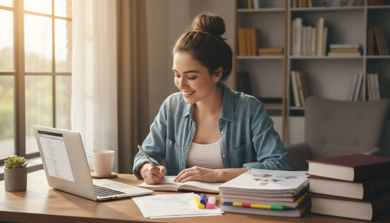 Photo Idea : IB student at a desk writing a personal statement with a laptop, printed notes, and law textbooks nearby