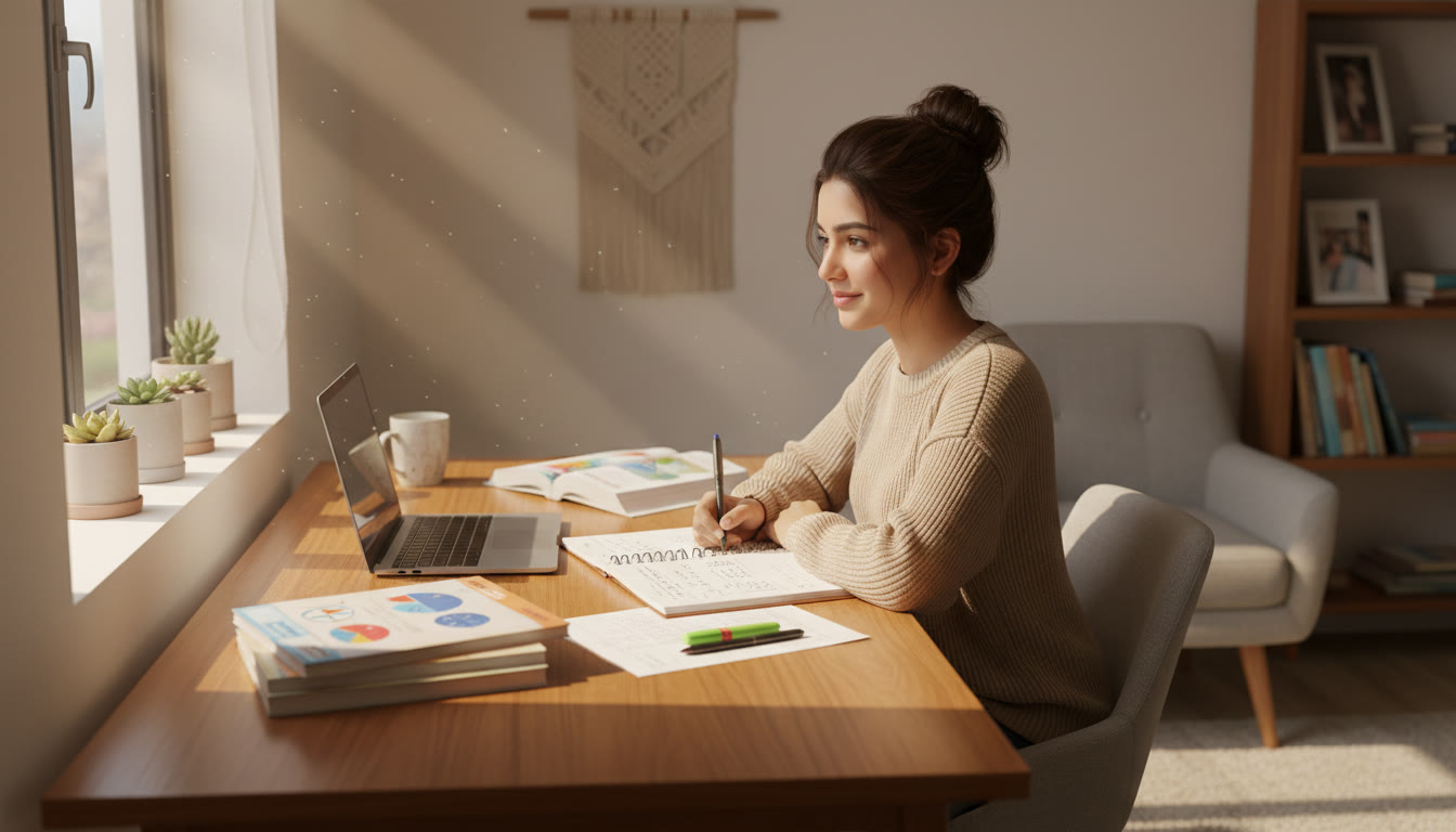 Photo Idea : A focused student at a tidy desk with textbooks, a laptop, and neatly written notes, sunlight streaming in.