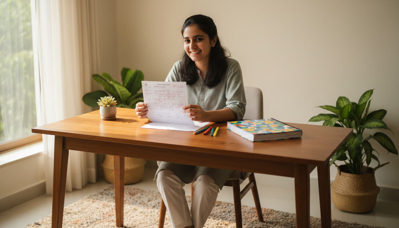 Photo Idea : A focused student at a desk analyzing a marked NEET mock paper with a colorful error log notebook