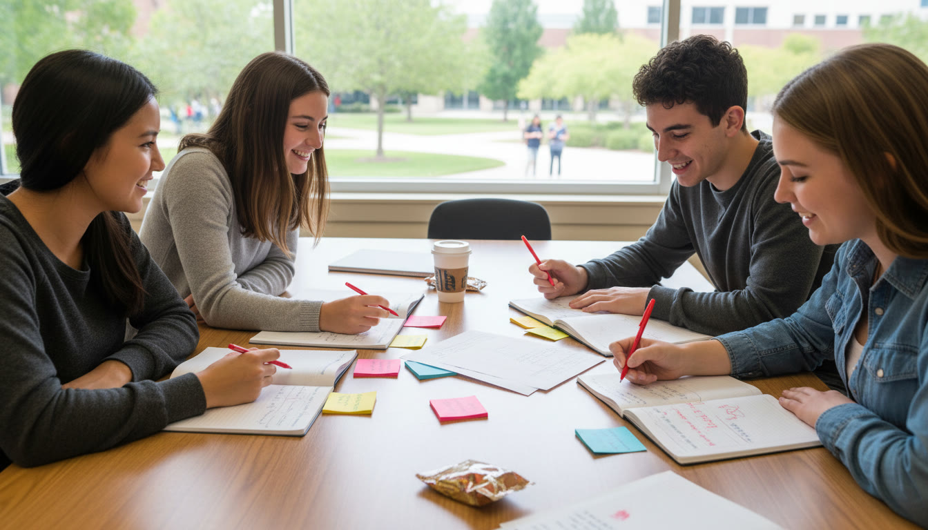 Photo Idea : A small group of students peer-reviewing a draft around a table with red pens and sticky notes