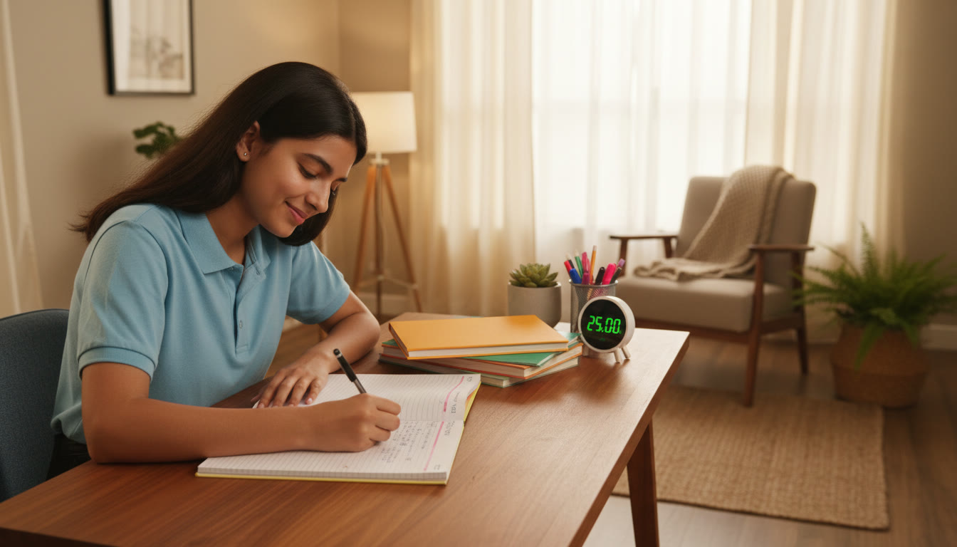 Photo Idea : Student writing neatly at a desk with organized notes and a timer beside them