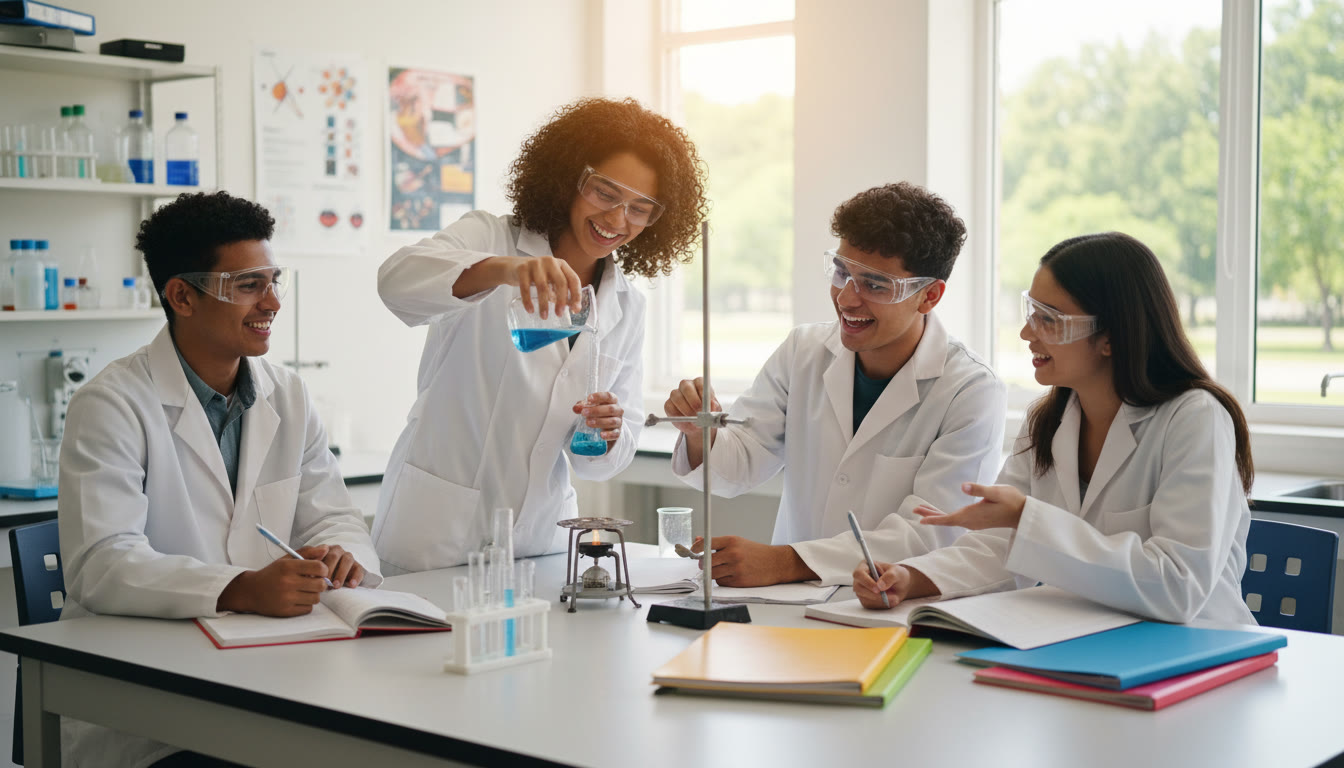 Photo Idea : Students collaborating on a science experiment in a high school lab, showing teamwork and CAS engagement