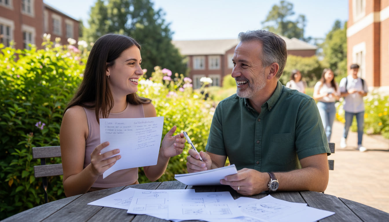 Photo Idea : A student practicing interview answers with a mentor, both smiling and holding notes