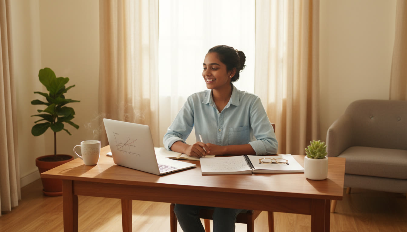Photo Idea : Student calmly studying at a tidy desk with a laptop, notebook, and a steaming cup of tea