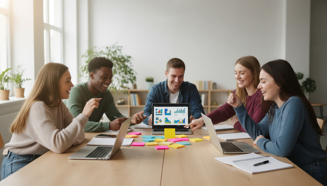 Photo Idea : Student council members gathered around a planning table with sticky notes and laptops