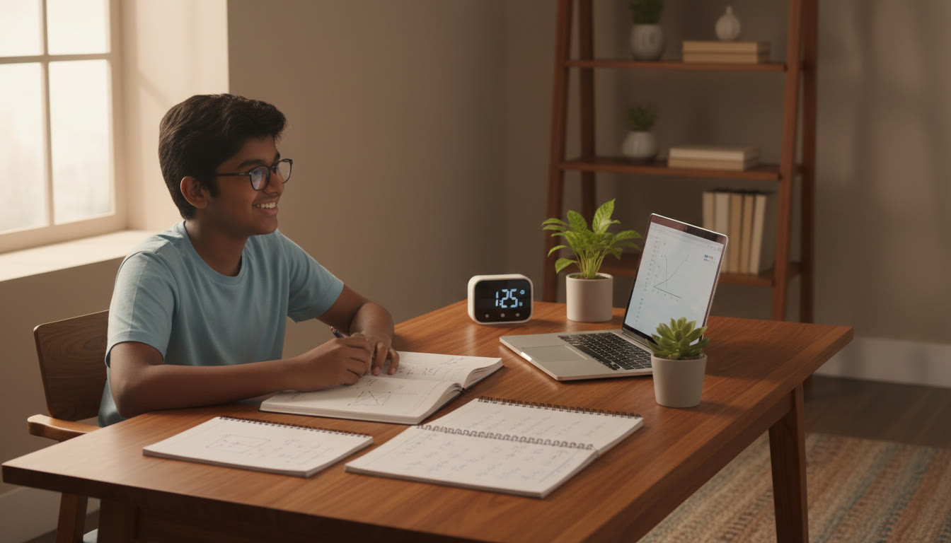 Photo Idea : A focused student solving problems at a desk with physics and math notebooks, a timer and laptop visible.