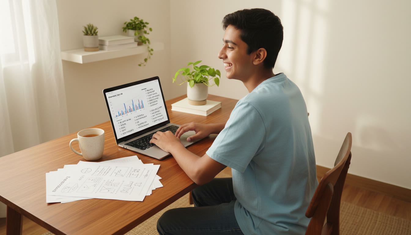 Photo Idea : Teen student at a desk with a laptop open to a mock test, a printed error log, and a mug of tea